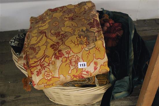 Basket of mixed silks, textiles & edgings